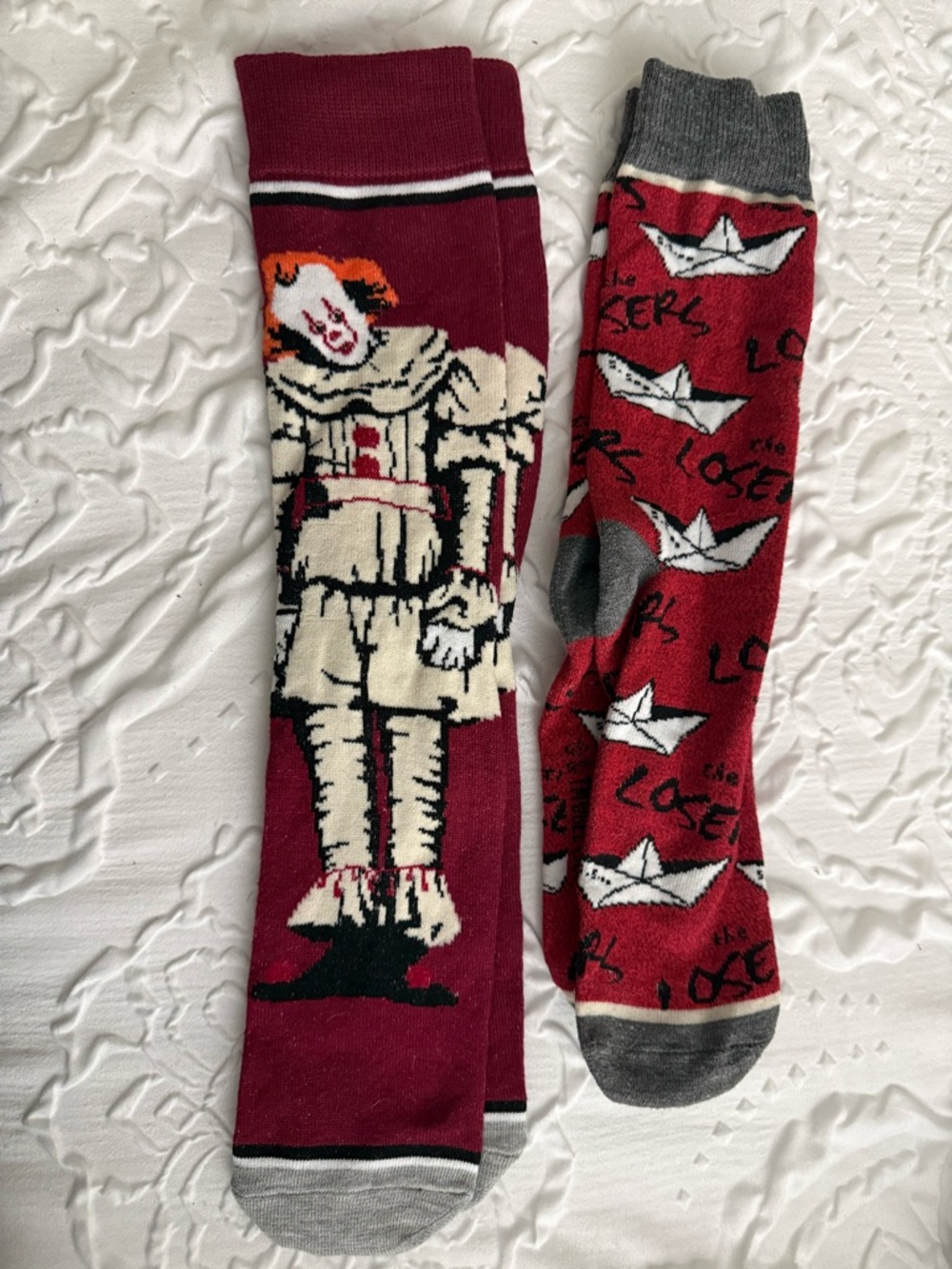 Novelty Red Crew Socks with IT Pennywise Clown & Paper Boat Designs